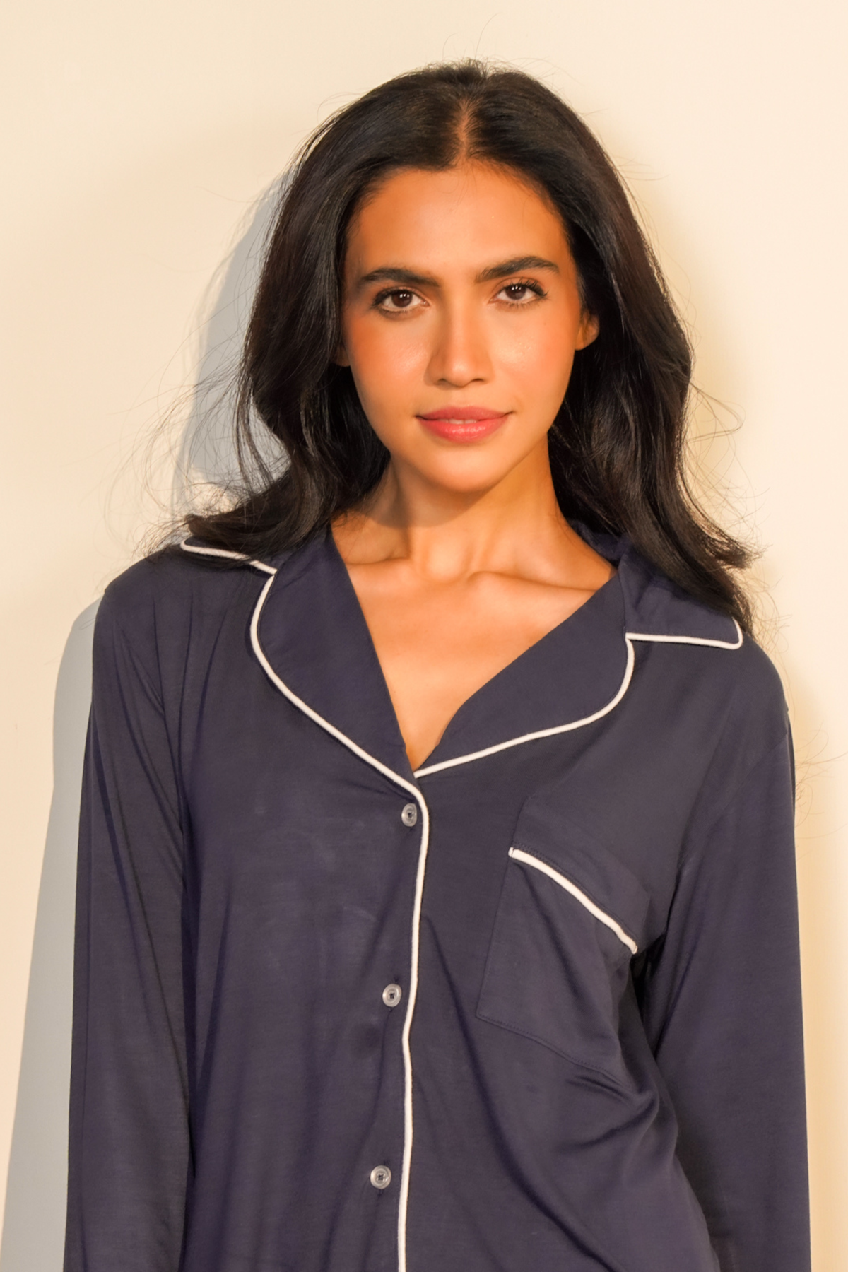 Women's Tencel modal long PJ set in navy #color_navy#option_long pj set