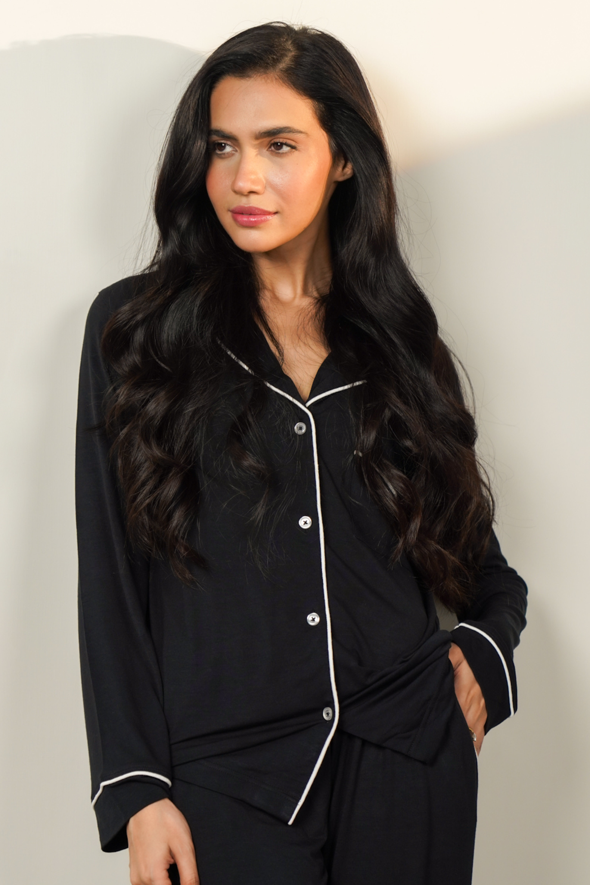 Women's Tencel modal long PJ set in black #color_black#option_long pj set