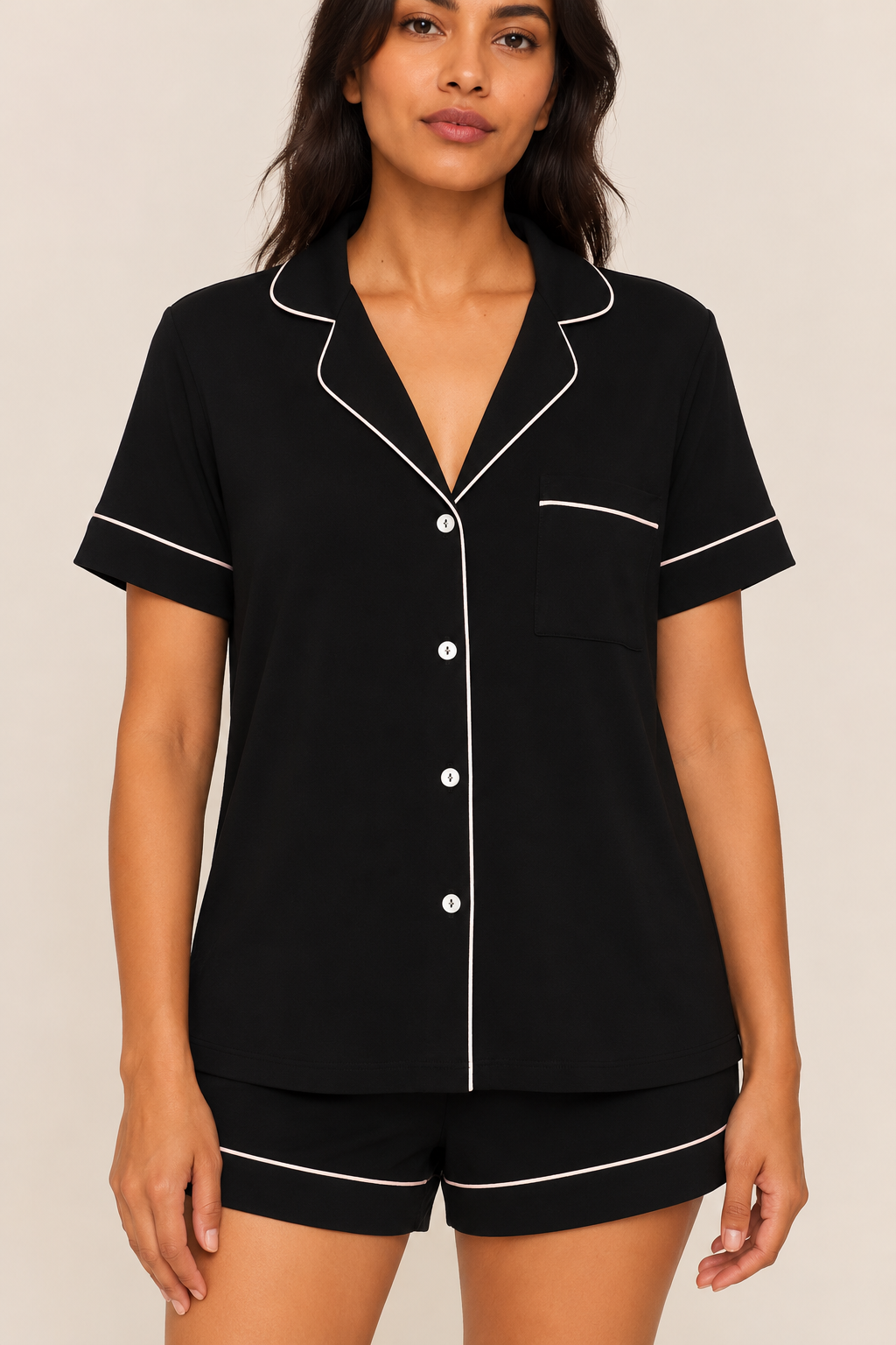 Women's Tencel modal short PJ set in black #color_black#option_short pj set