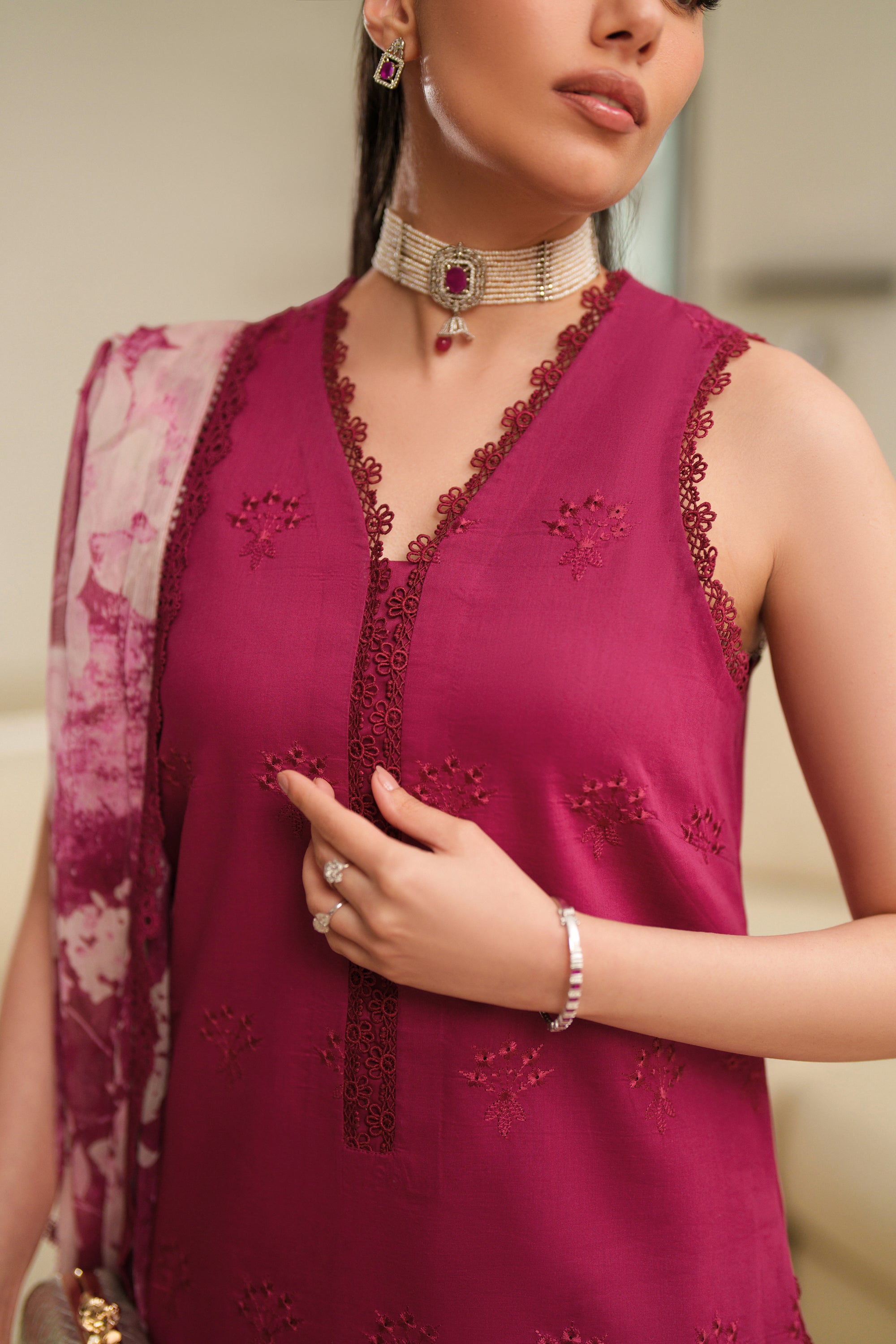 3 Piece Embroidered Lawn Suit - Mulberry Lattice