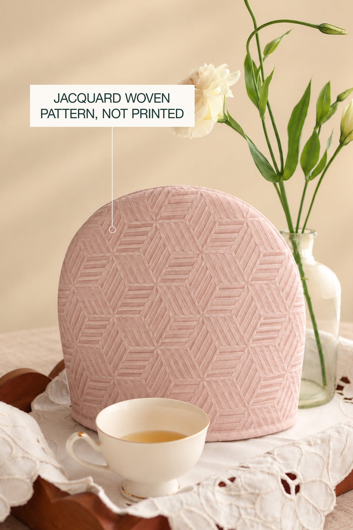 Jacquard tea cozy in rose pink #color_rose pink