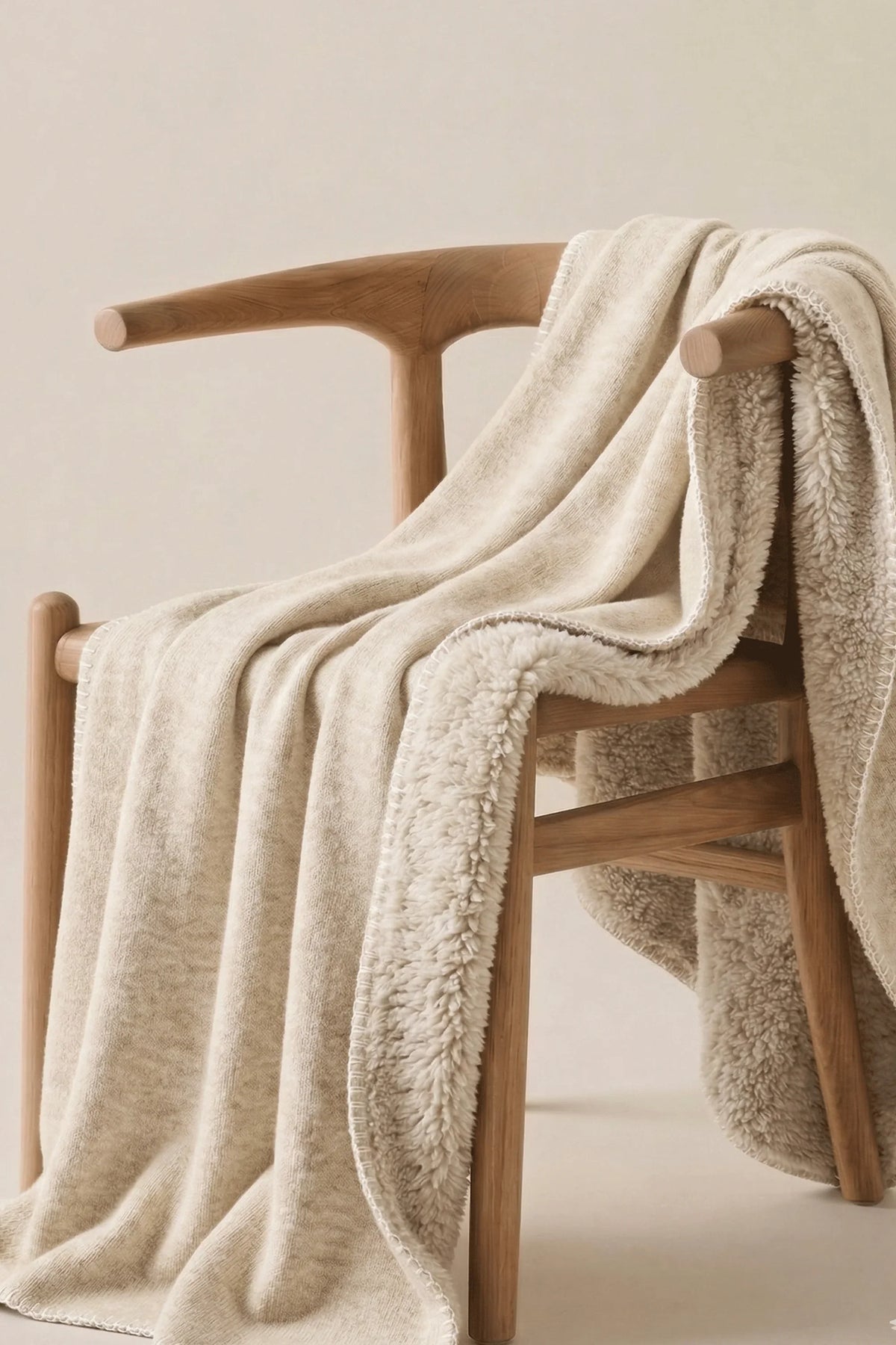 Ivory chenille blanket with sherpa back draped over a wooden chair