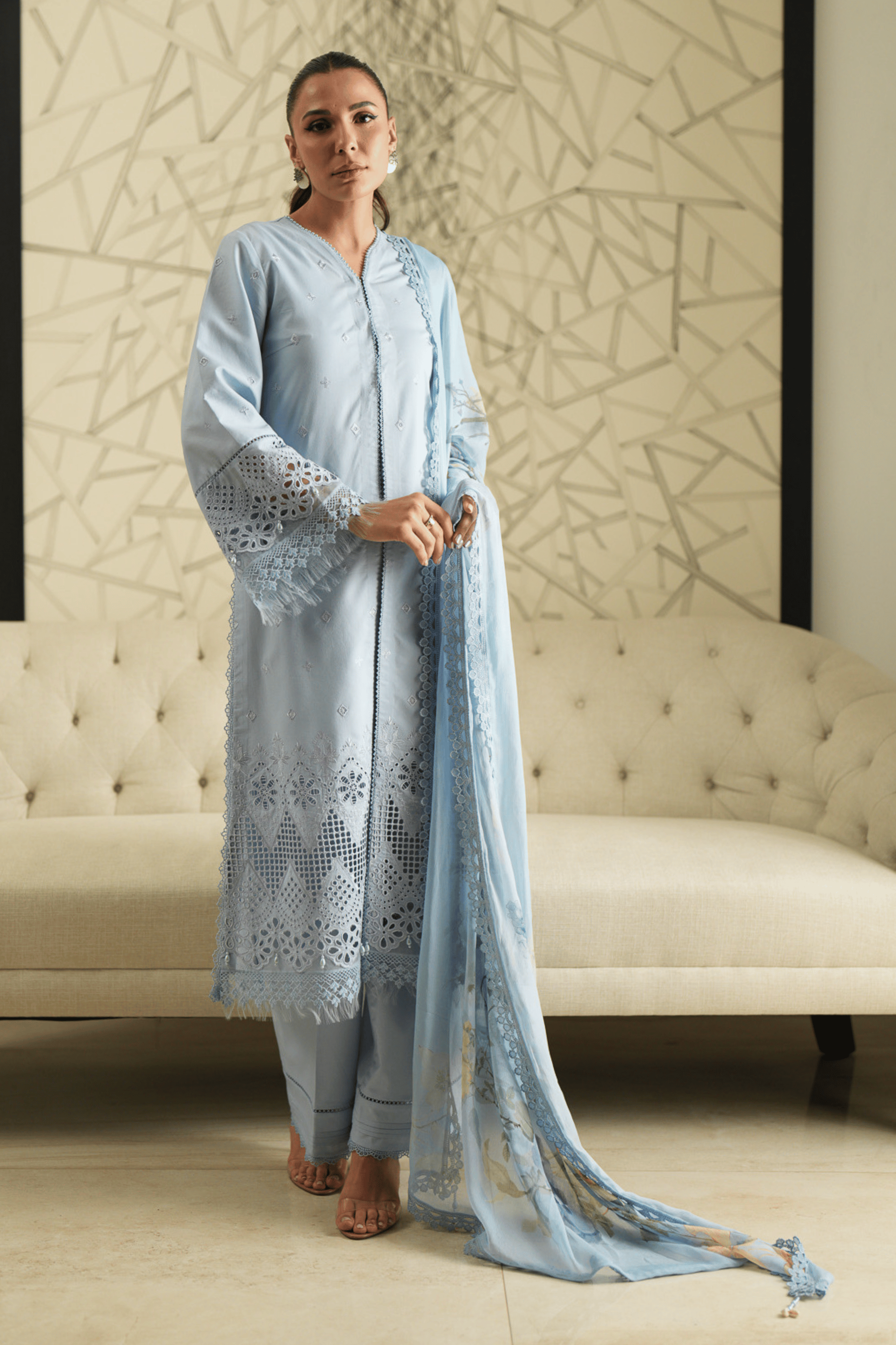 3 Piece Embroidered Lawn Suit - Azure Trellis