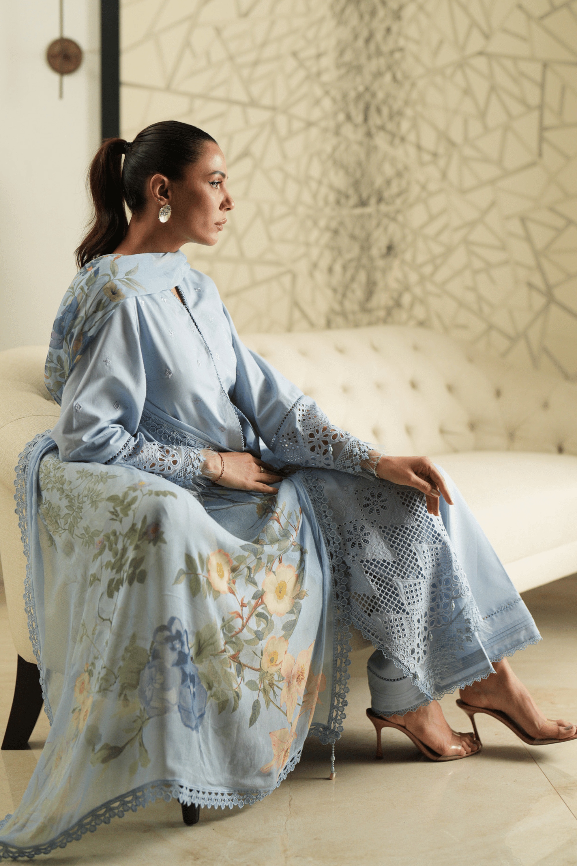 3 Piece Embroidered Lawn Suit - Azure Trellis