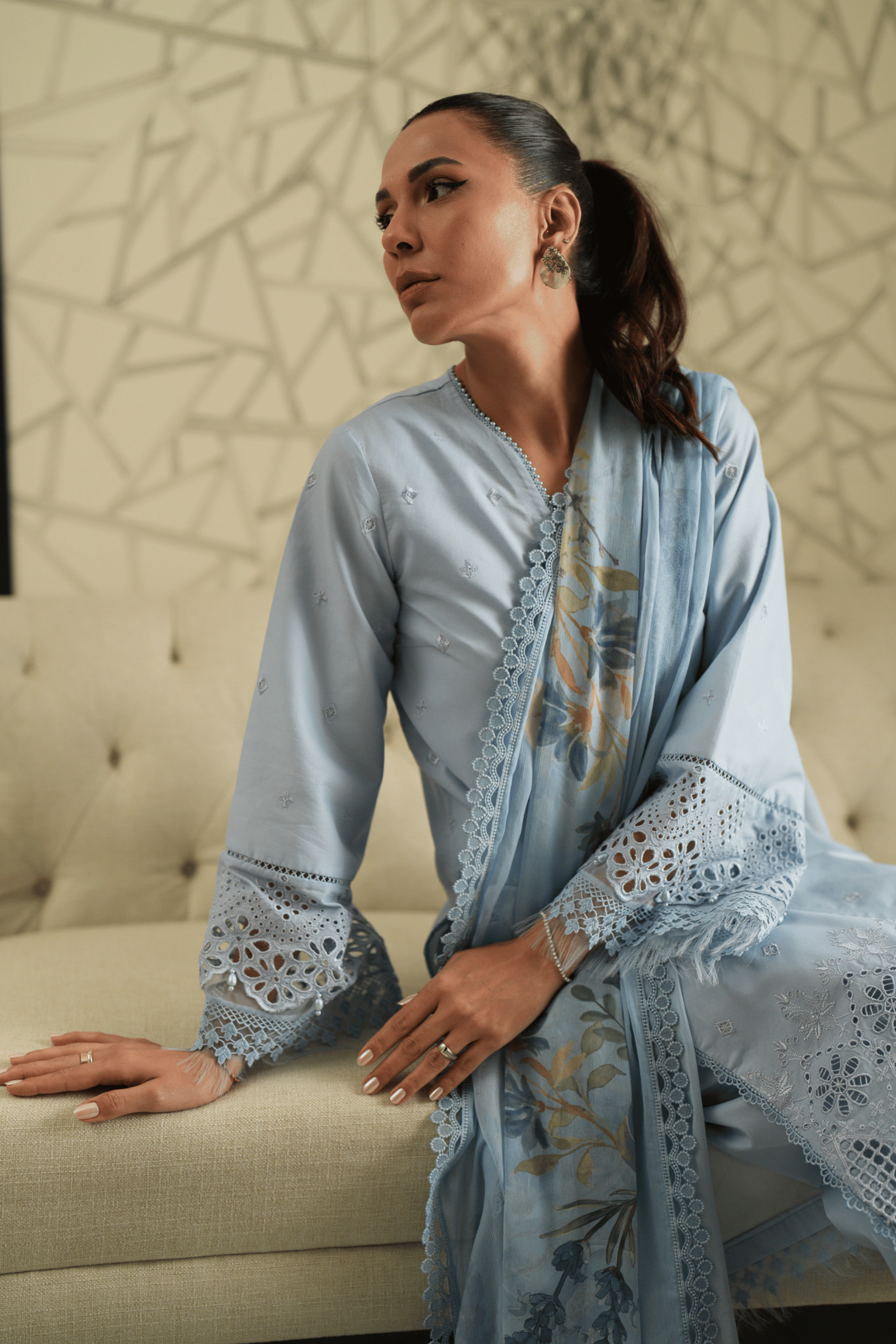 3 Piece Embroidered Lawn Suit - Azure Trellis