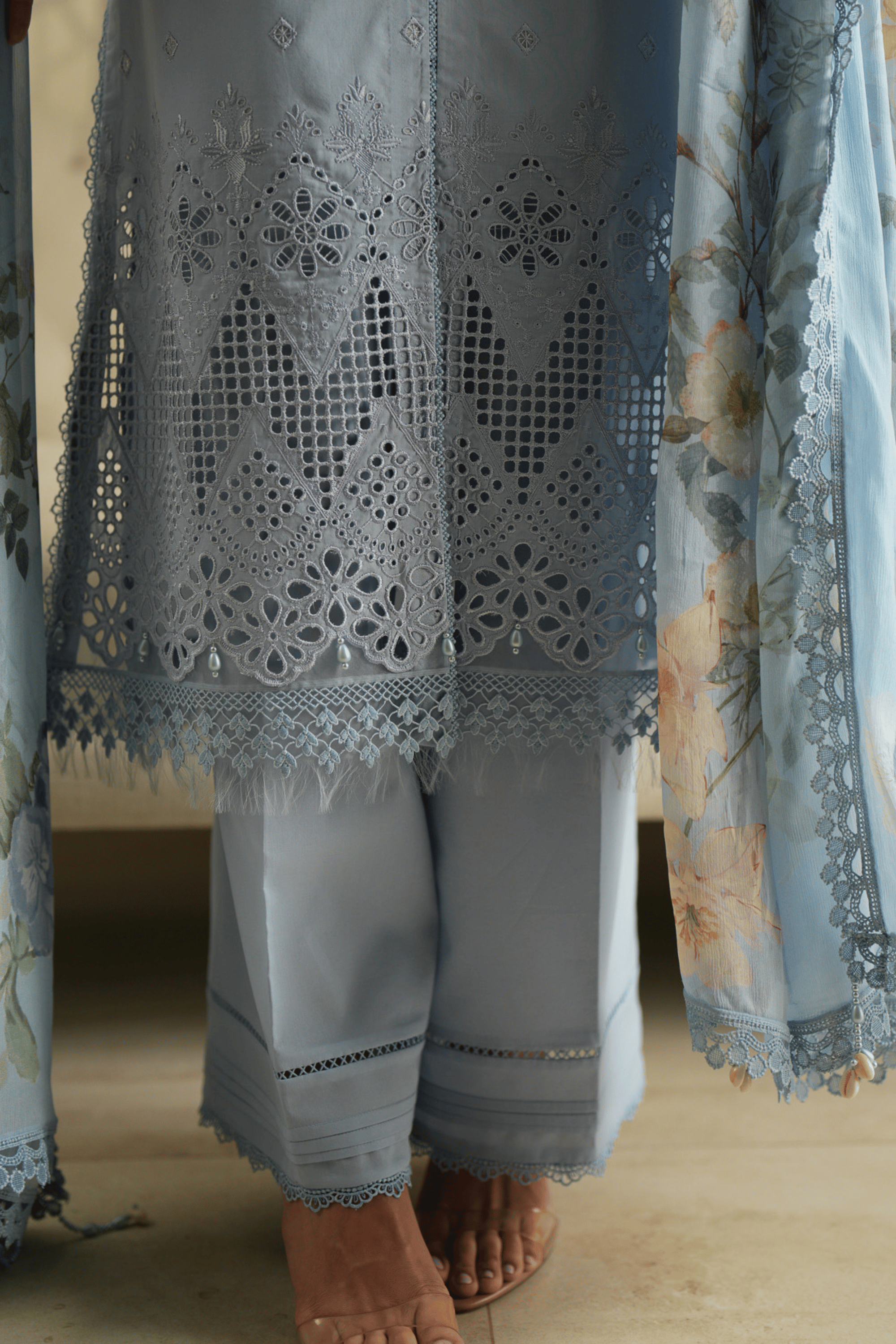 3 Piece Embroidered Lawn Suit - Azure Trellis