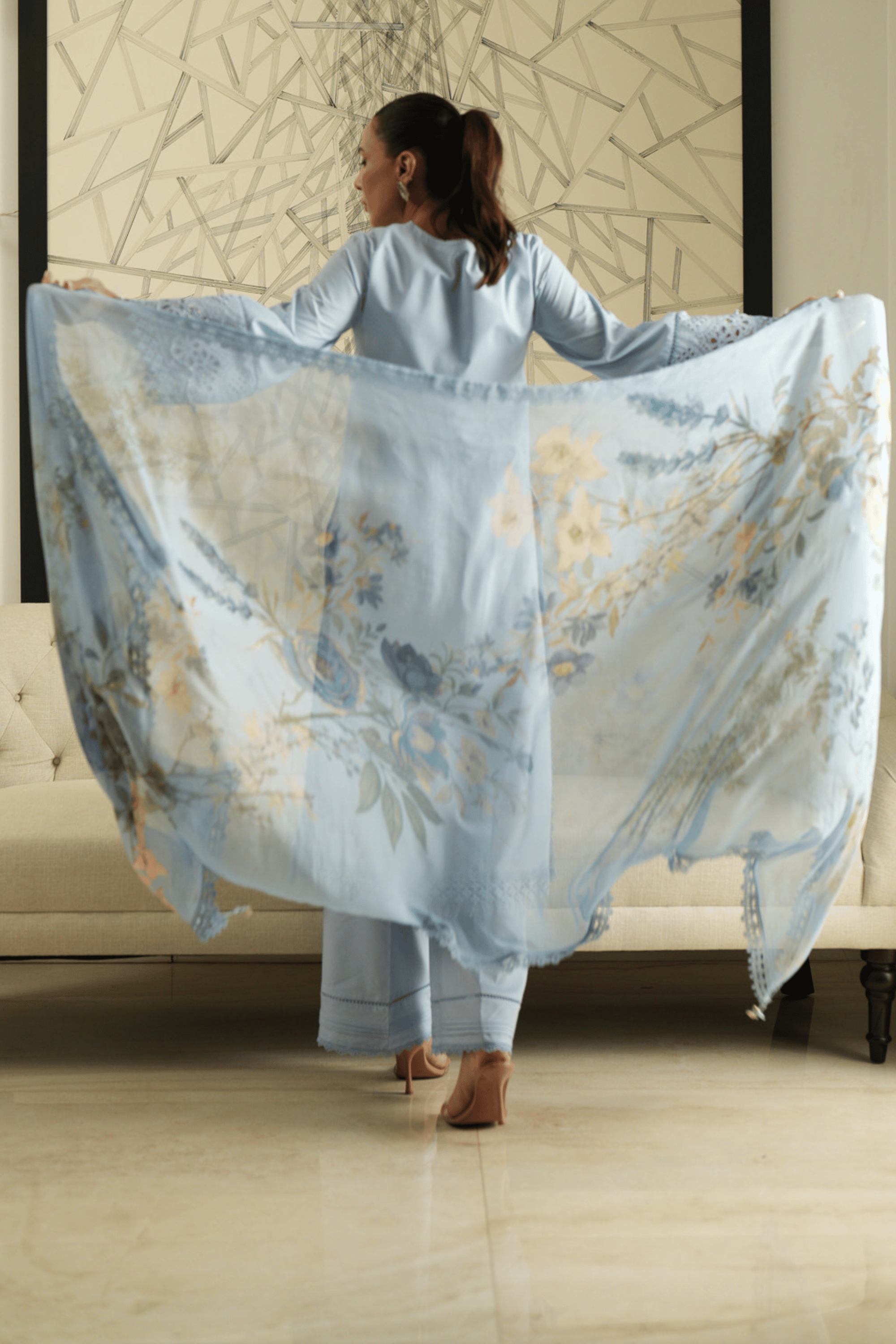 3 Piece Embroidered Lawn Suit - Azure Trellis