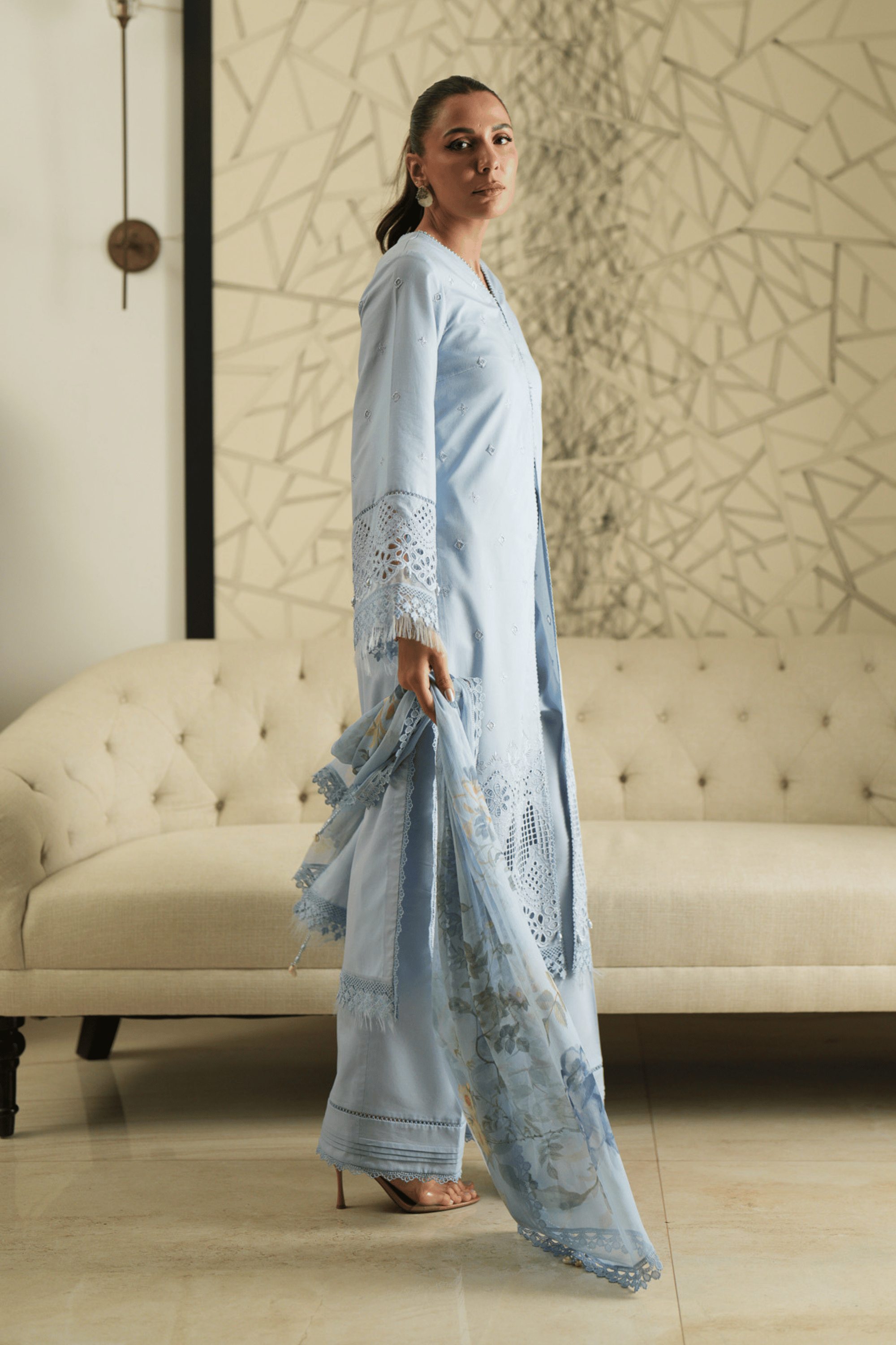 3 Piece Embroidered Lawn Suit - Azure Trellis