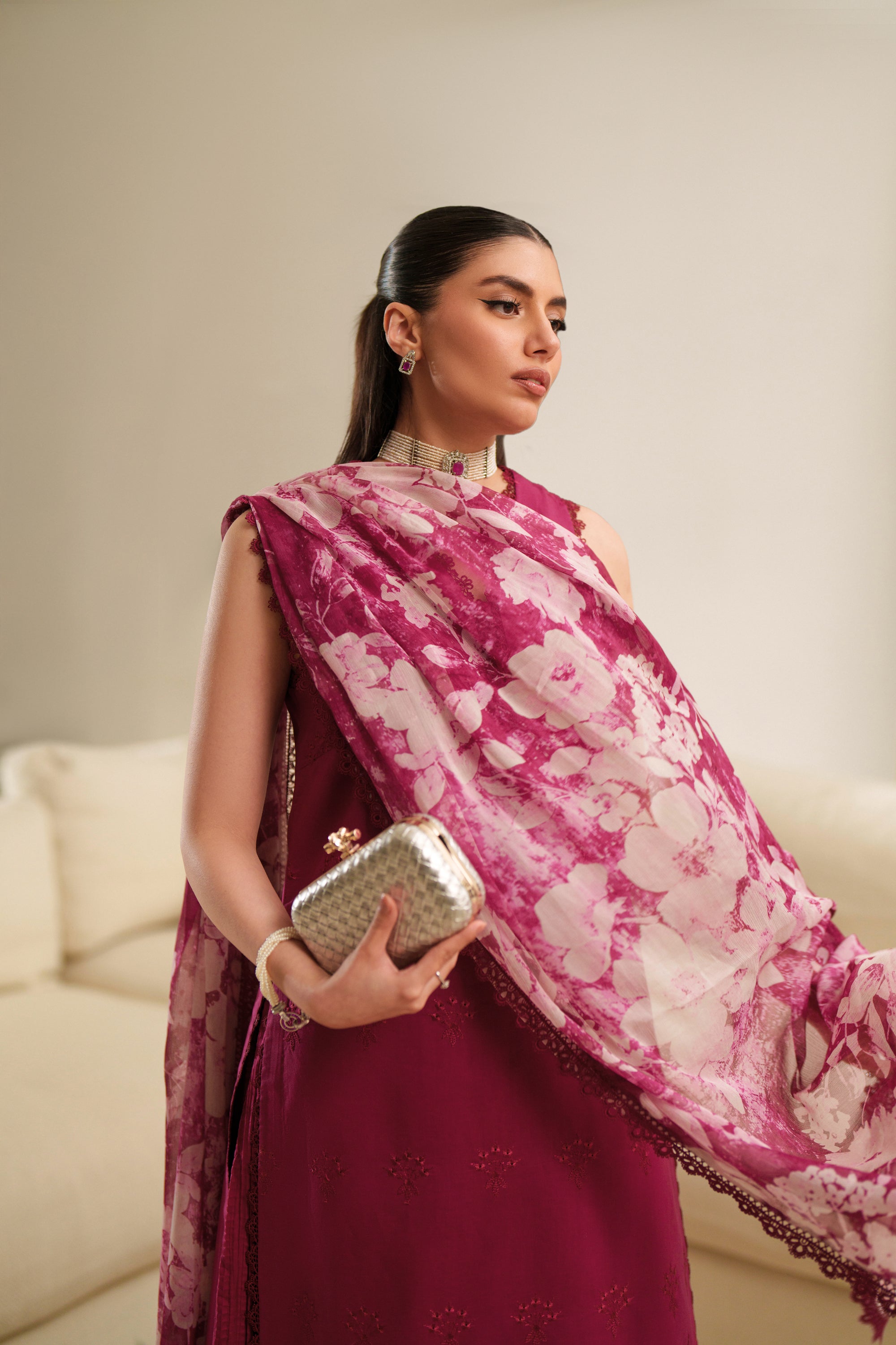 3 Piece Embroidered Lawn Suit - Mulberry Lattice